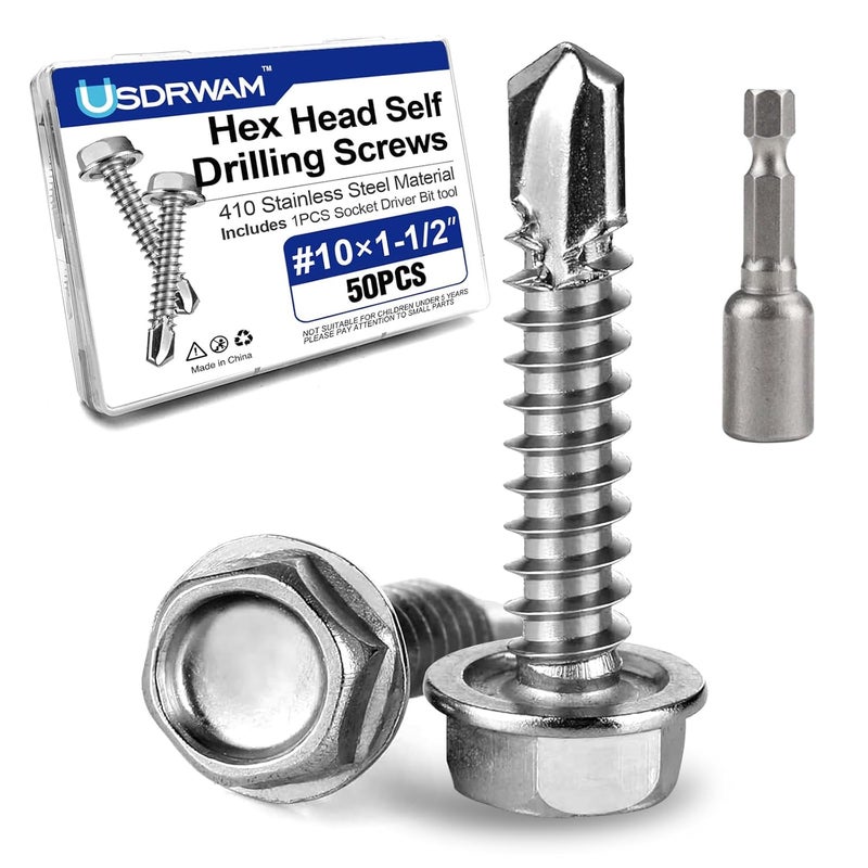 Usdrwam 50Pcs #10×1-1/2" Self Tapping Screws for Metal, 410 Stainless Steel Hex Washer Head Sheet Metal Screw - Image 1